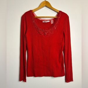 VTG Y2K Peter Nygard Blouse top M Red Beaded Sequin Embroidery Bee fabric sleeve